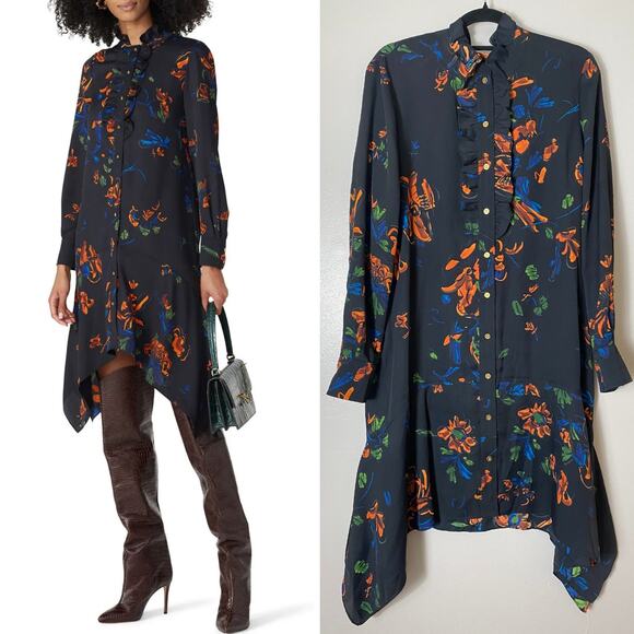 NEW TORY BURCH DRESS BLACK CORA FLORAL RUFFLE ASYMMETRICAL CREPE PLEATED SHORT - Picture 1 of 15